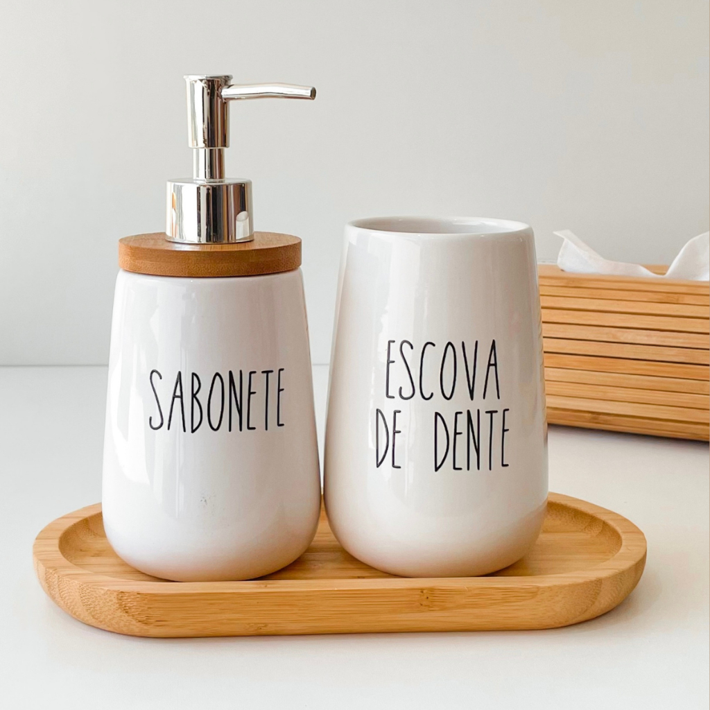 Kit Banheiro Cerâmica Branco Dispenser Sabonete e Escova de Dente Pote Banheiro Tampa de b...