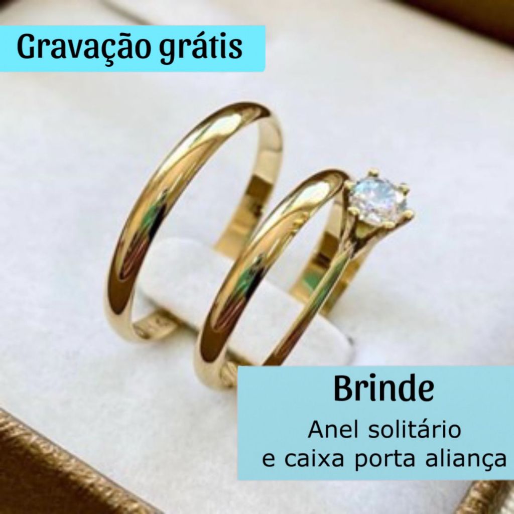 Aliança Casamento Delicada Banhada A Ouro 18K Anel Solitário + Porta Aliança Noivado Gravação Grátis