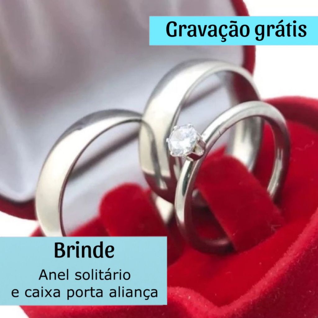 Par De Aliança Prata Lisa Gravação Grátis Com Anel Solitário Namoro Compromisso Noivado 4mm + Caixa