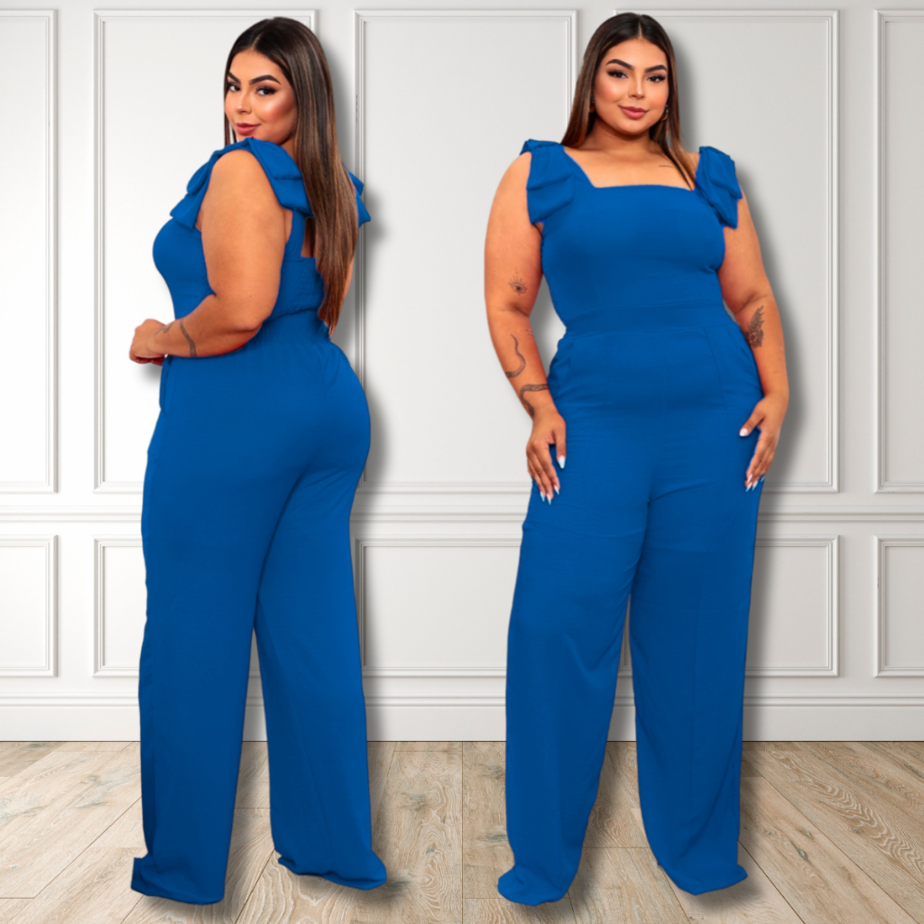 Macacão Plus Laço Ombro Longo Festa Casamento Madrinha Formatura Pantalona Wideleg Social Casual Mod