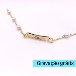 Pulseira De Pérola Infantil Dourada RN Bebê Personalizada Com Gravação Nome Banhada A Ouro 18k