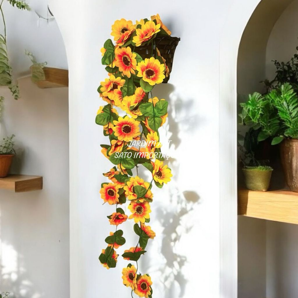 Arranjo Pendente Girassol e Margarida Artificial Vaso Trançado Decoração Casa Varanda