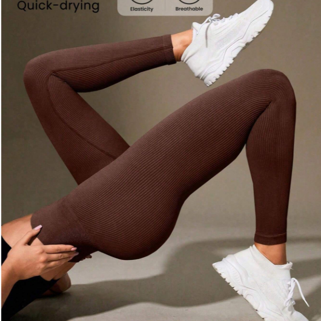 Leggings canelada de cintura larga e cor sólida para atividades esportivas. em Oferta na Shopee