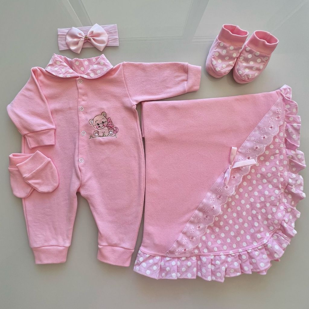 Kit Saida de Maternidade Para Menina Vermelho Rosa Com Laço 5 Pçs Algodão Envio Imediato