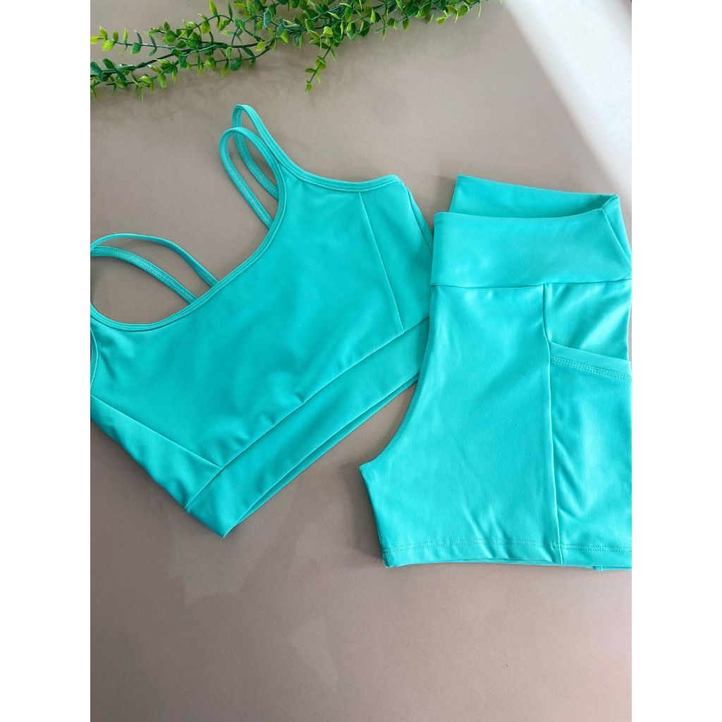 Conjunto Fitness Poliamida Zero Transparência  Top Alças + Short com Bolsos Laterais