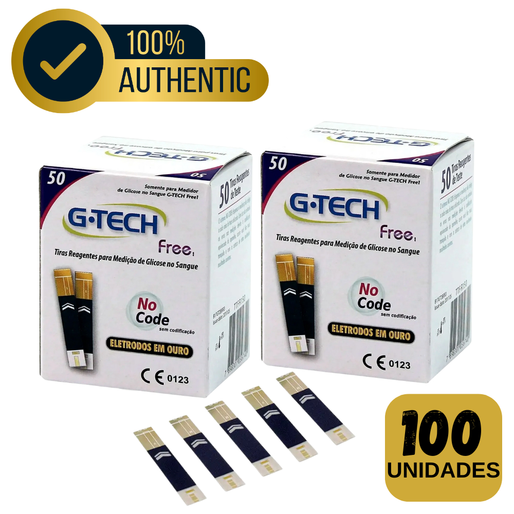 100 Tiras de Medição de Glicose Reagentes G-Tech Free