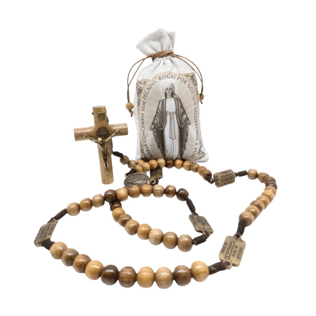 Terço Católico Mistérios do Rosário em Madeira com Saquinho