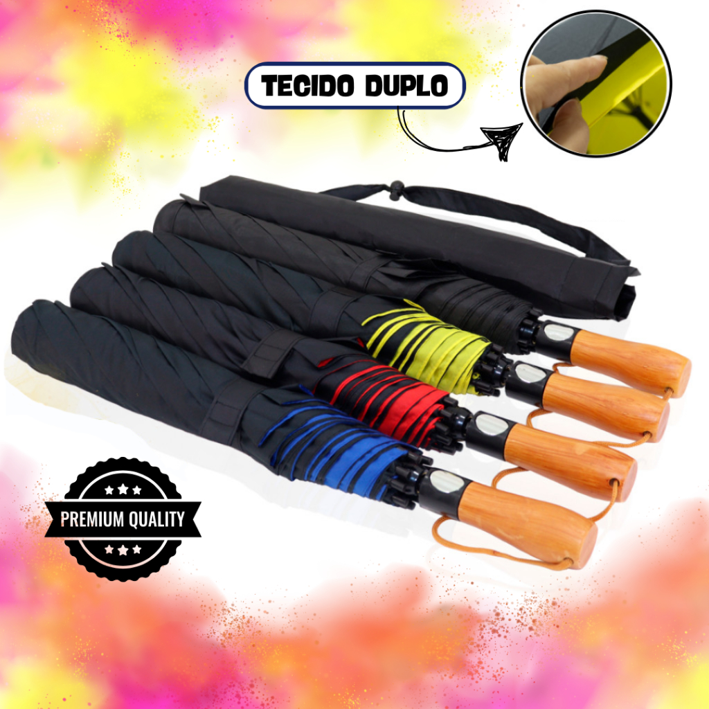 Guarda Chuva Automático Preto Grande Tecido Duplo Reforçado Contra Vento