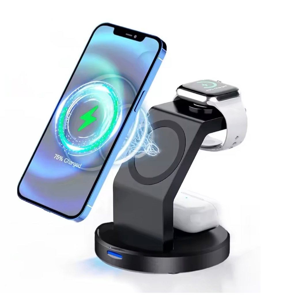 Dock Station Carregador Standby Magsafe 3 em 1 com LED Premium para iPhone, Apple Watch e AirPods