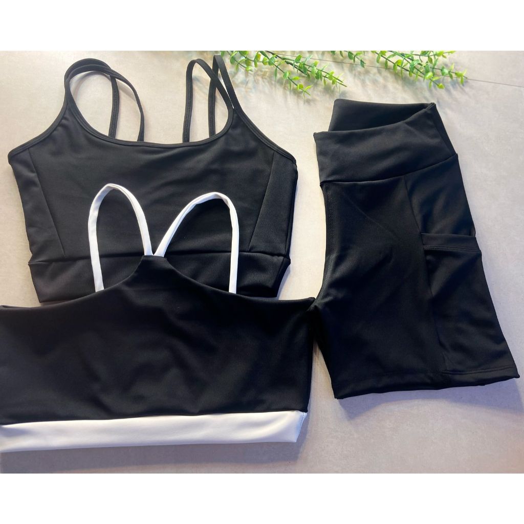 Conjunto de Academia 2 Tops com Bojo Removível + Short Poliamida Zero Transparência