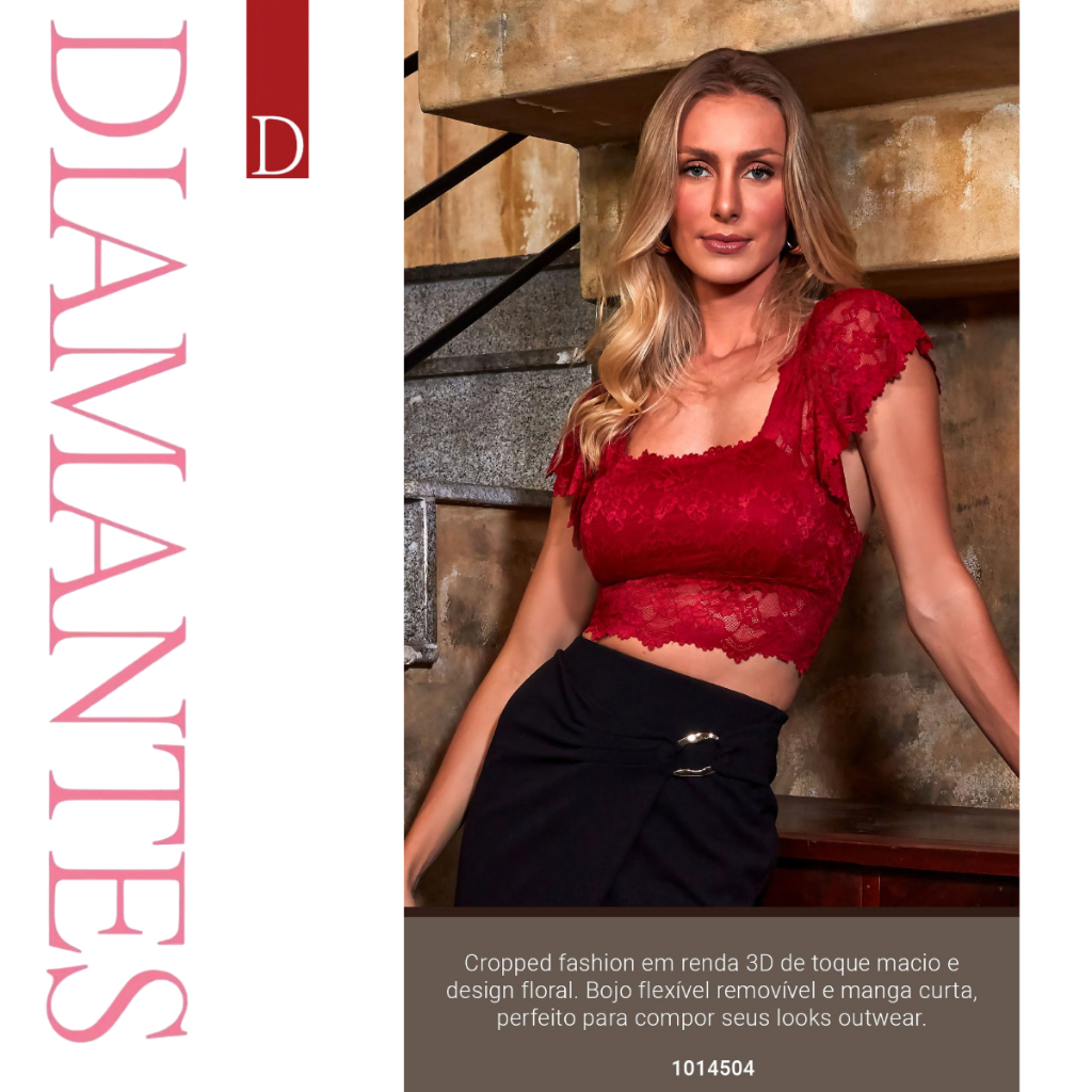 Cropped Fashion Em Renda 3D Com Bojo Removivel Manga Curta Diamantes Lingerie