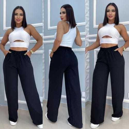 Calça Pantalona Dunas Feminina Bolso Cintura Alta em Oferta na Shopee