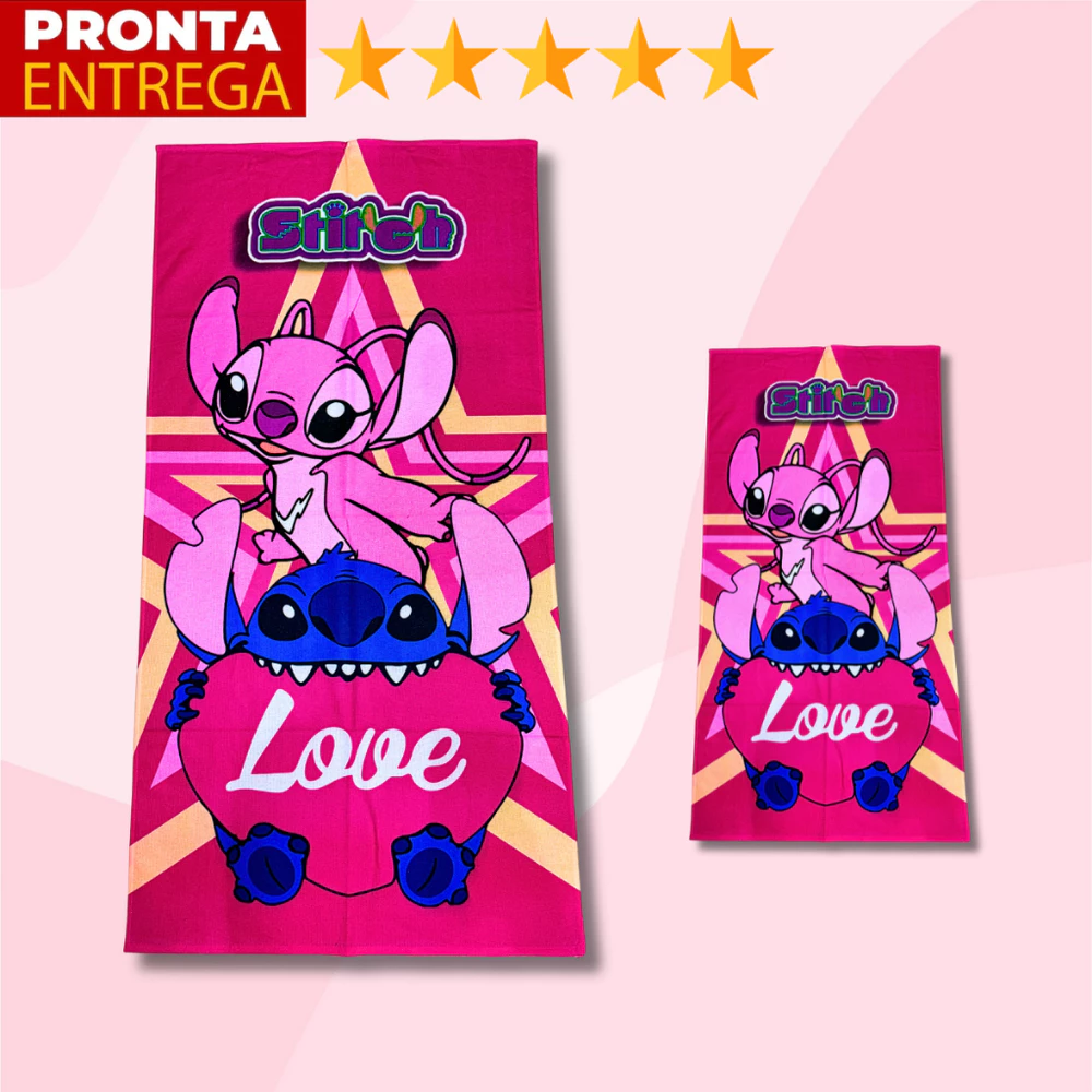 Toalha De Banho E Rosto Boca Lancheira Infantil Lilo Stitch E Angel Rosa