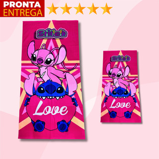 Toalha De Banho E Rosto Boca Lancheira Infantil Lilo Stitch E Angel Rosa