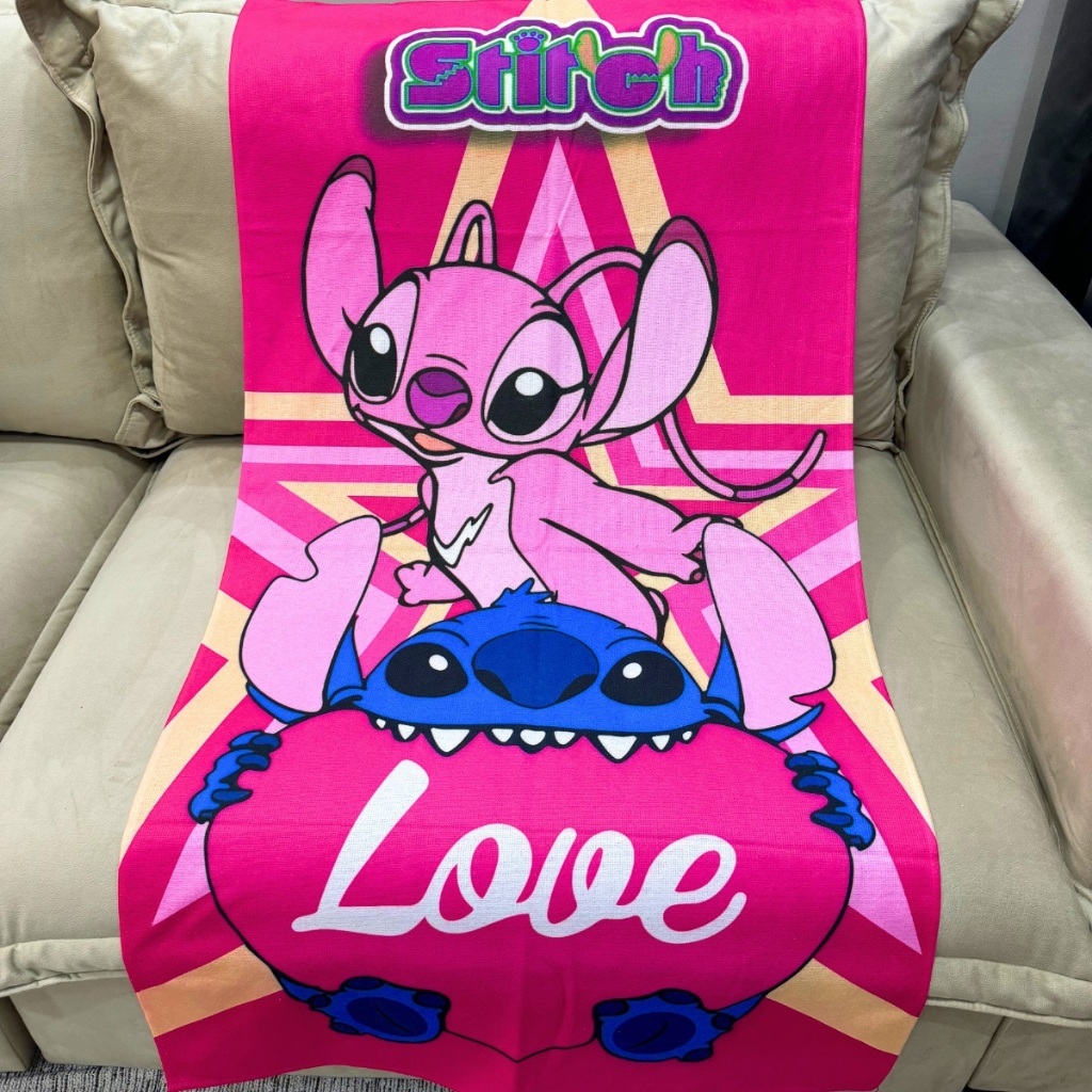 Toalha De Banho E Rosto Boca Lancheira Infantil Lilo Stitch E Angel Rosa