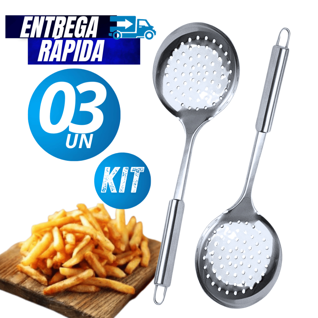 Jogo Kit 03/02  Unidades Escumadeira de Aço Inox com Furo para Arroz e Fritura Variáveis Utilidades Premium Utilidades