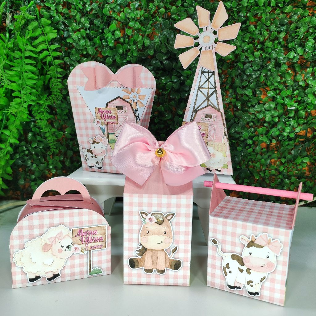 Kit Festa Fazendinha Rosa Xadrez Caixinhas Personalizada Lembrancinhas Pegue e Monte em Oferta na Shopee