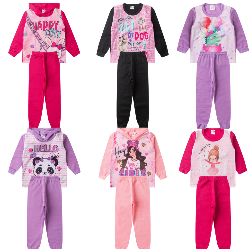 Kit 6 Peças Conjuntos de Moletom infantil Feminino 1 ao 8 = 3 moletons(1 C/Capuz e 2 S/Cap...
