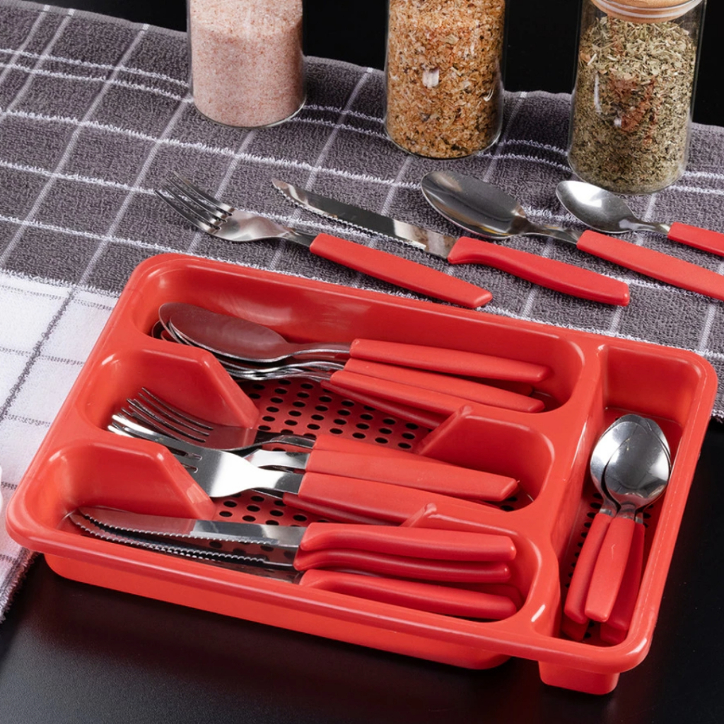 Jogo De Talheres Premium Inox Com 25 Peças + Suporte Gaveteiro Faqueiro Cozinha Garfo Faca Colher