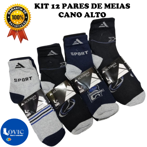 Kit Até 12 Pares de Meias Masculina Cano Longo Grosso Alto Max Confortável em Oferta na Shopee