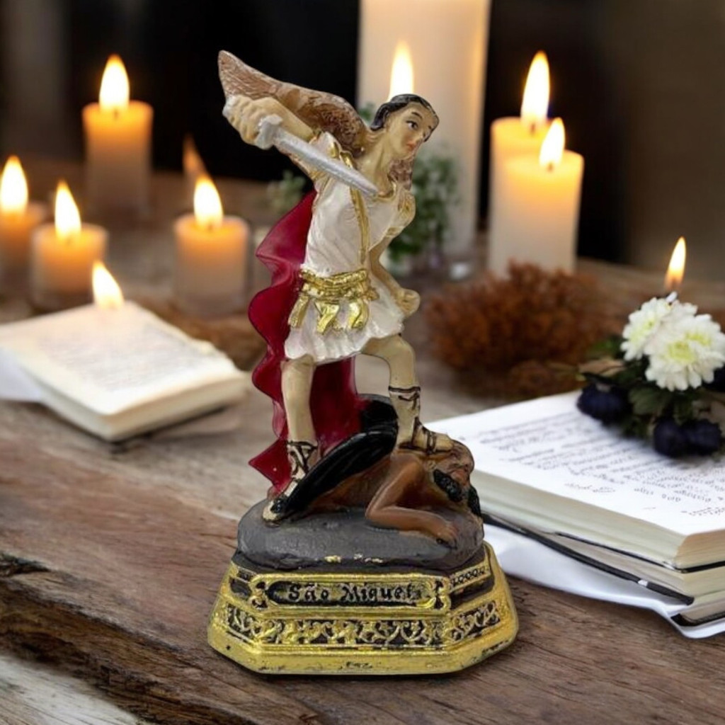 Imagem são miguel arcanjo em resina importada de 10cm religioso protetor padroeiro imagem premium pronta entrega