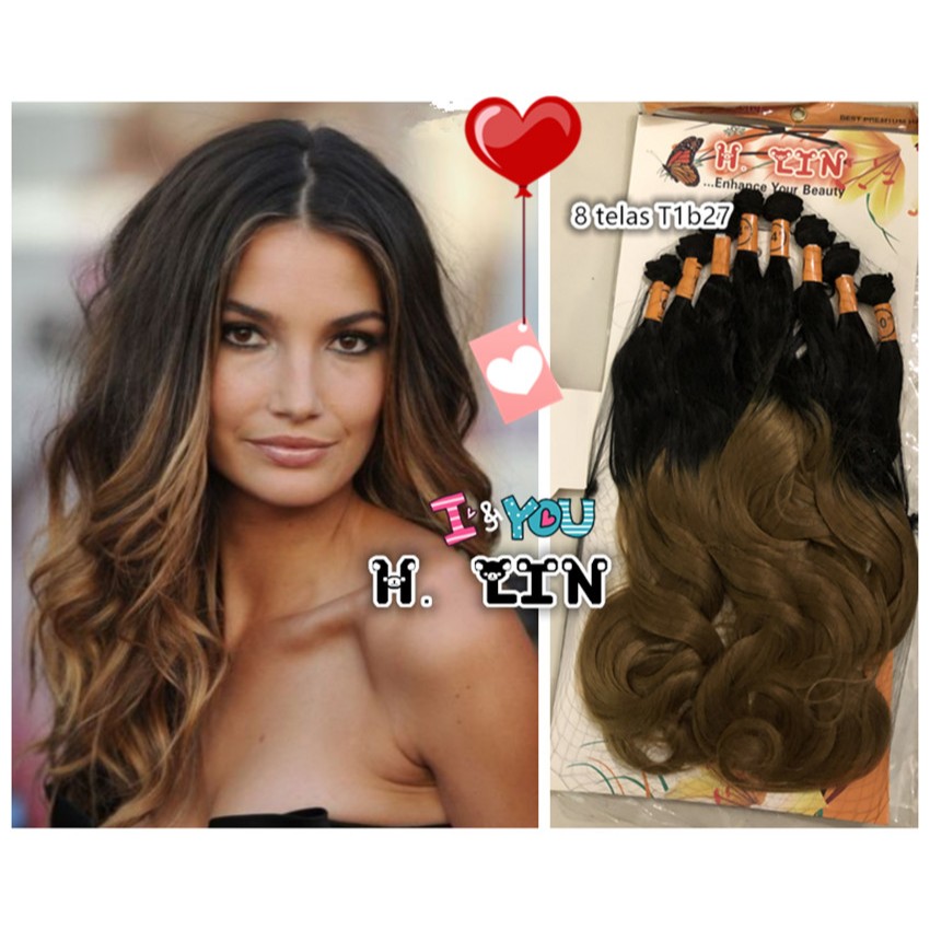 8 telas cabelo H. Lin ondulado cor F1B30 castanho medio com dourado ruivo 60cm 260gramas fibra organico