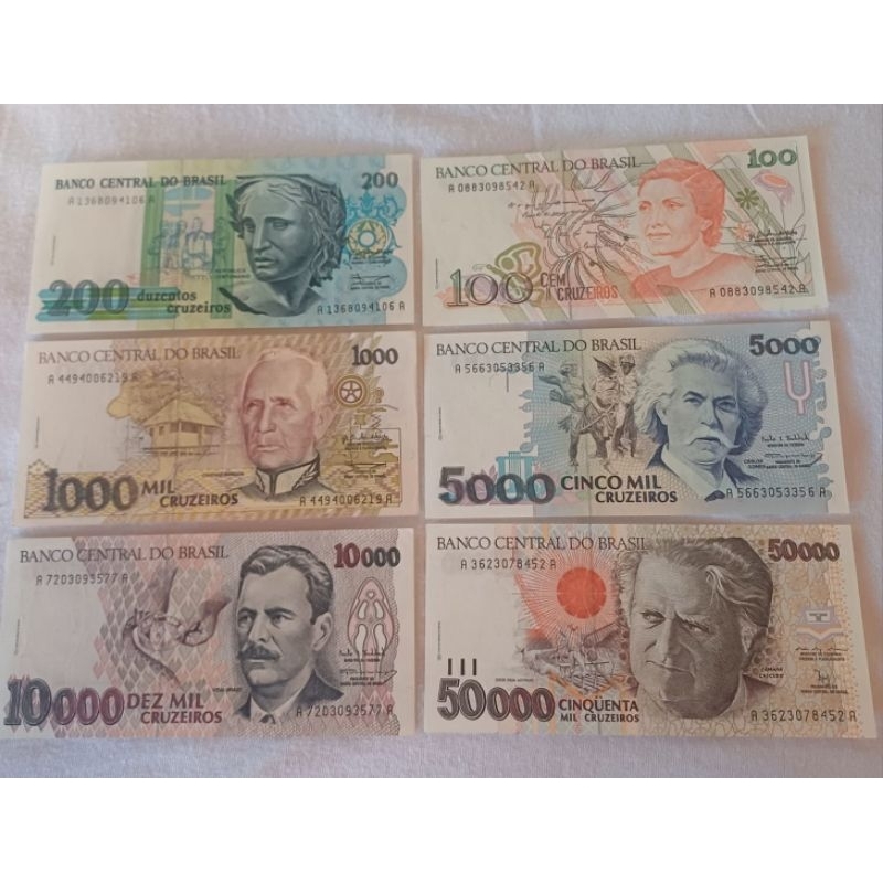 Set com 6 cédulas cruzeiros sendo 1 de cada valor: 100, 200, 1.000, 5.000, 10.000,  50.000 em flor de estampa