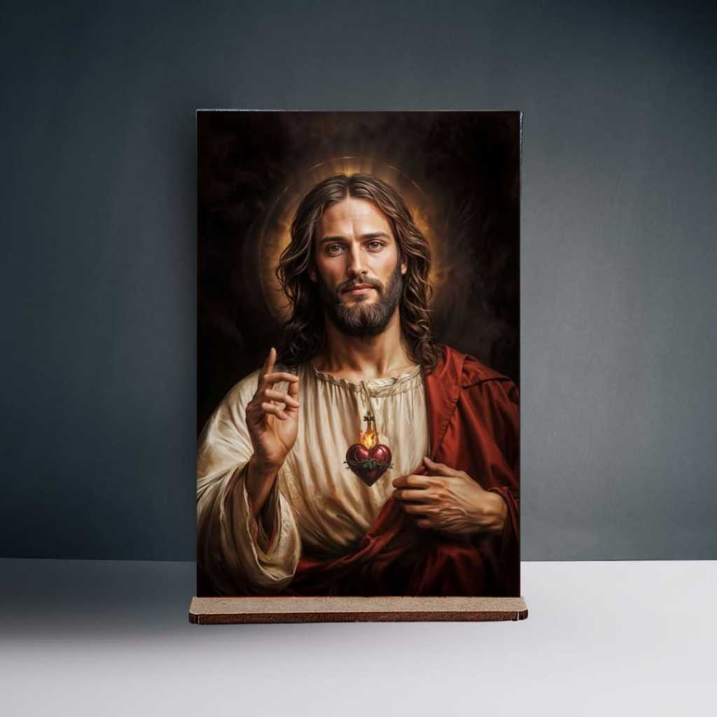 Ícone Quadro Devocional Católico Jesus Sagrado Coração Com Base MDF 10x15cm