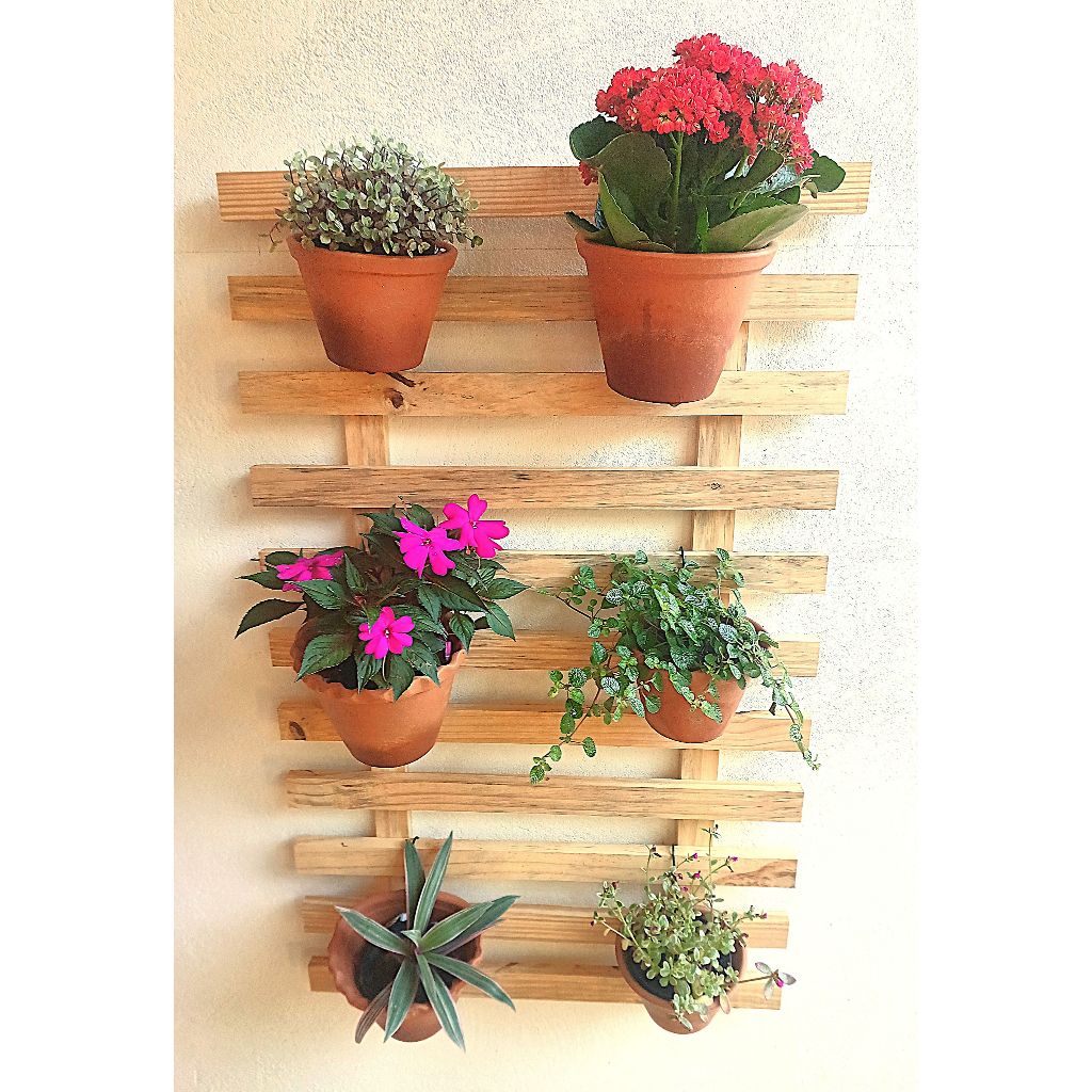 Painel Floreira Horta Vertical Treliça de Madeira Suporte de Plantas de Parede 98 x 59 cm