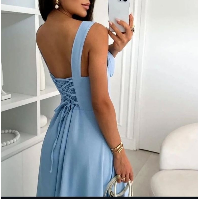 VESTIDO MIDI LISO COM AMARRAÇÃO NAS COSTAS TENDÊNCIA P M G em Oferta na Shopee