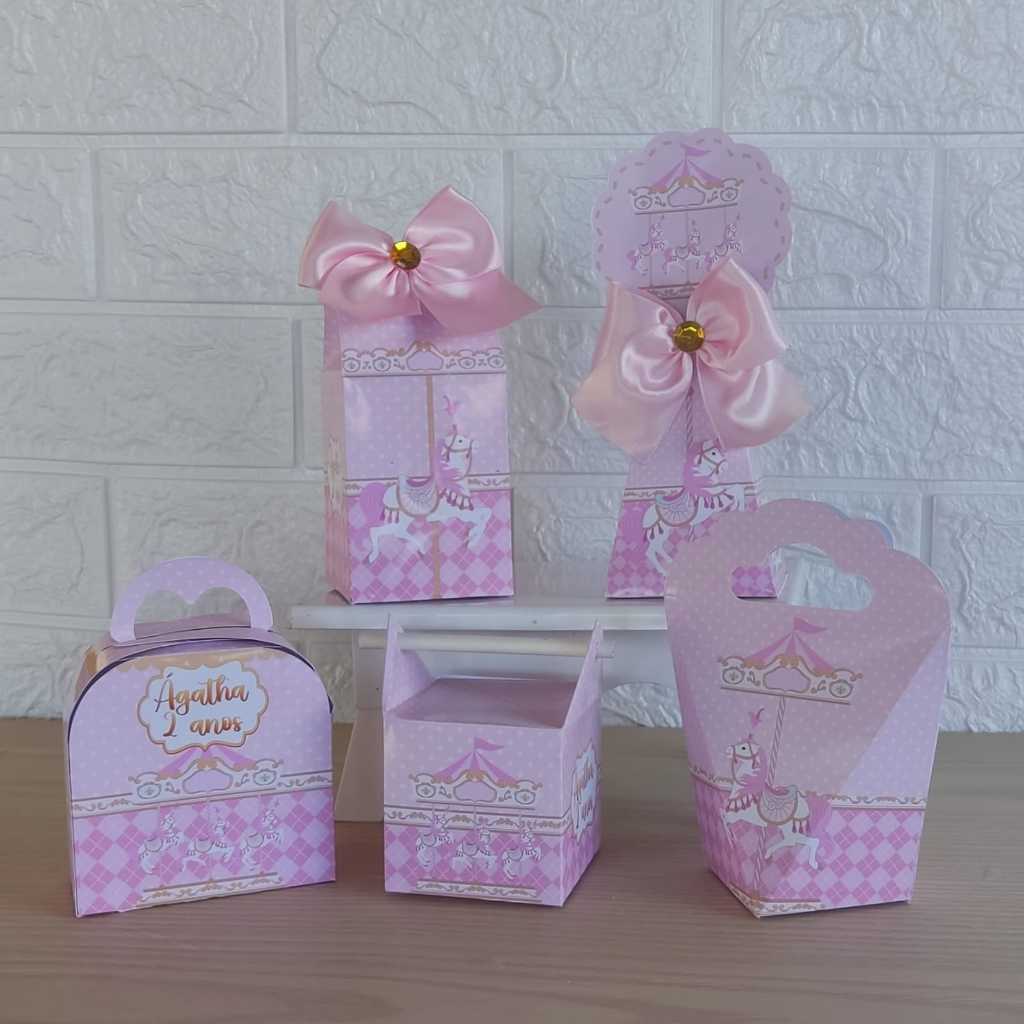 Kit Personalizados caixinhas CARROSEL ROSA E DOURADO Lembrancinhas aniversário-Festa PEGUE E MONTE