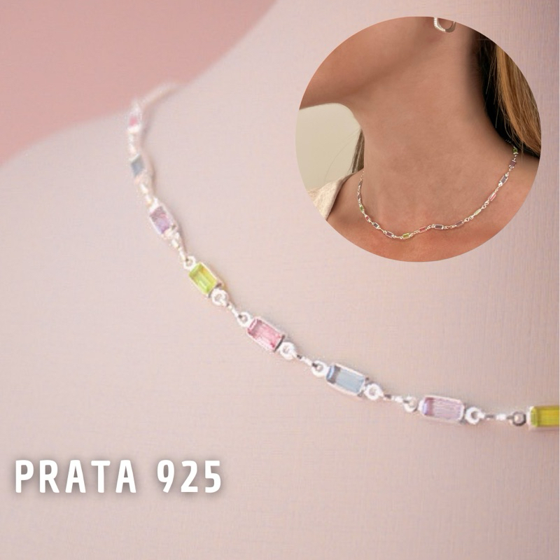 Colar prata 925 pedras coloridas com garantia corrente feminino curto choker 35cm + 10cm extensor em Oferta na Shopee