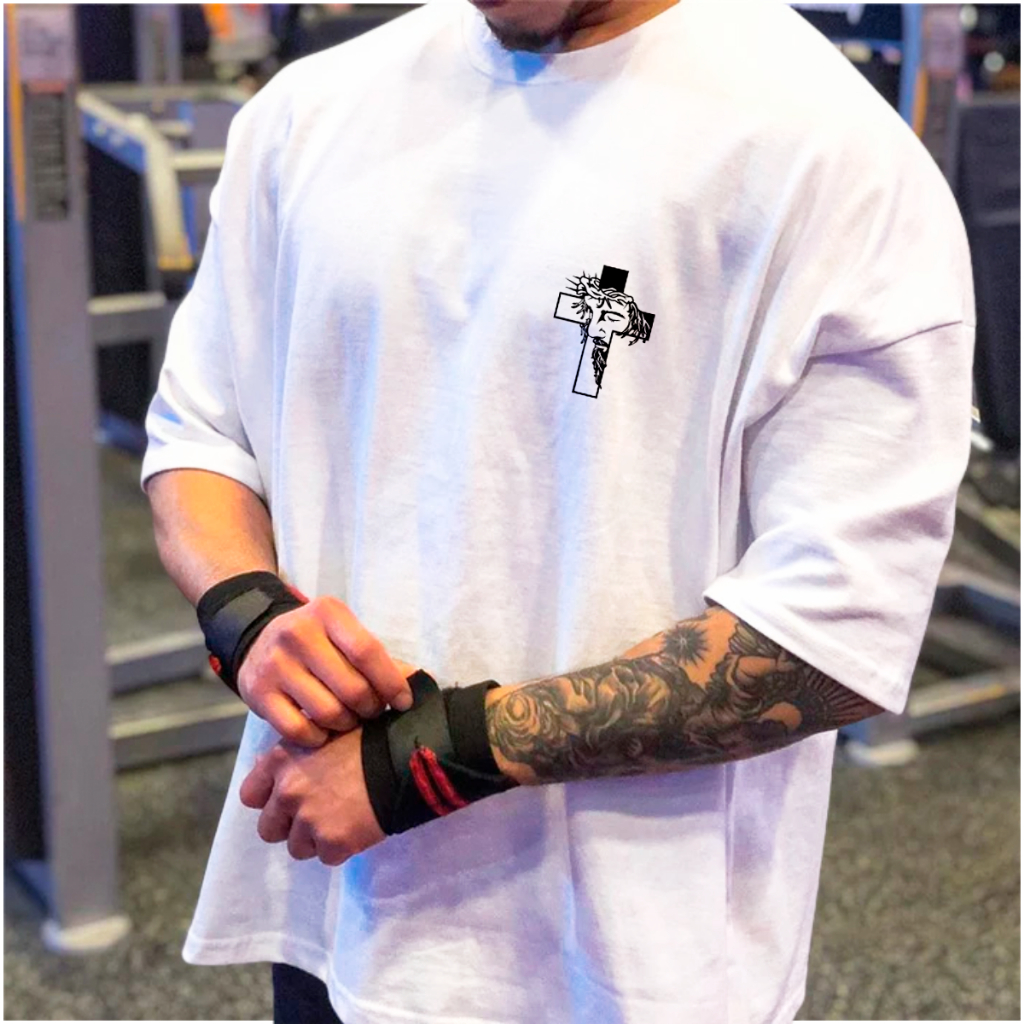 Camiseta Camisa Oversized Fé Jesus Cruz Gym Academia Motivação Americana Algodão Confortável