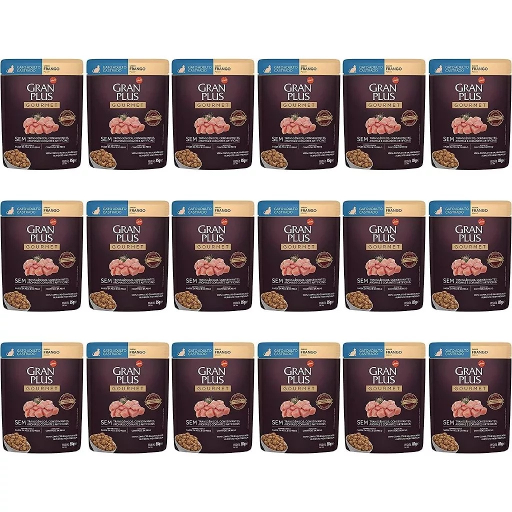 Gran Plus Kit 18 Sachês Gourmet Gato Adulto Castrado Frango 85g cada