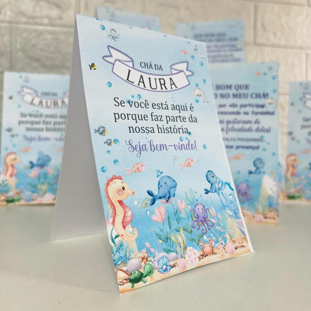Centro de mesa agradecimento personalizado enfeite decoração cha de bebe chá fraldas menina tema fundo do mar plaquinha