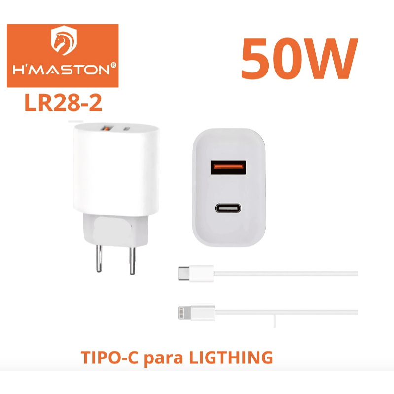 Carregador Celular Iphone Turbo Fonte 50W 2 Entradas USB e USB-C + Cabo Usb-Lightning Ultra Rápido