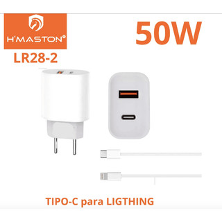 Carregador Celular Iphone  Turbo Fonte 50W 2 Entradas USB e USB-C + Cabo Usb-Lightning Ultra Rápido