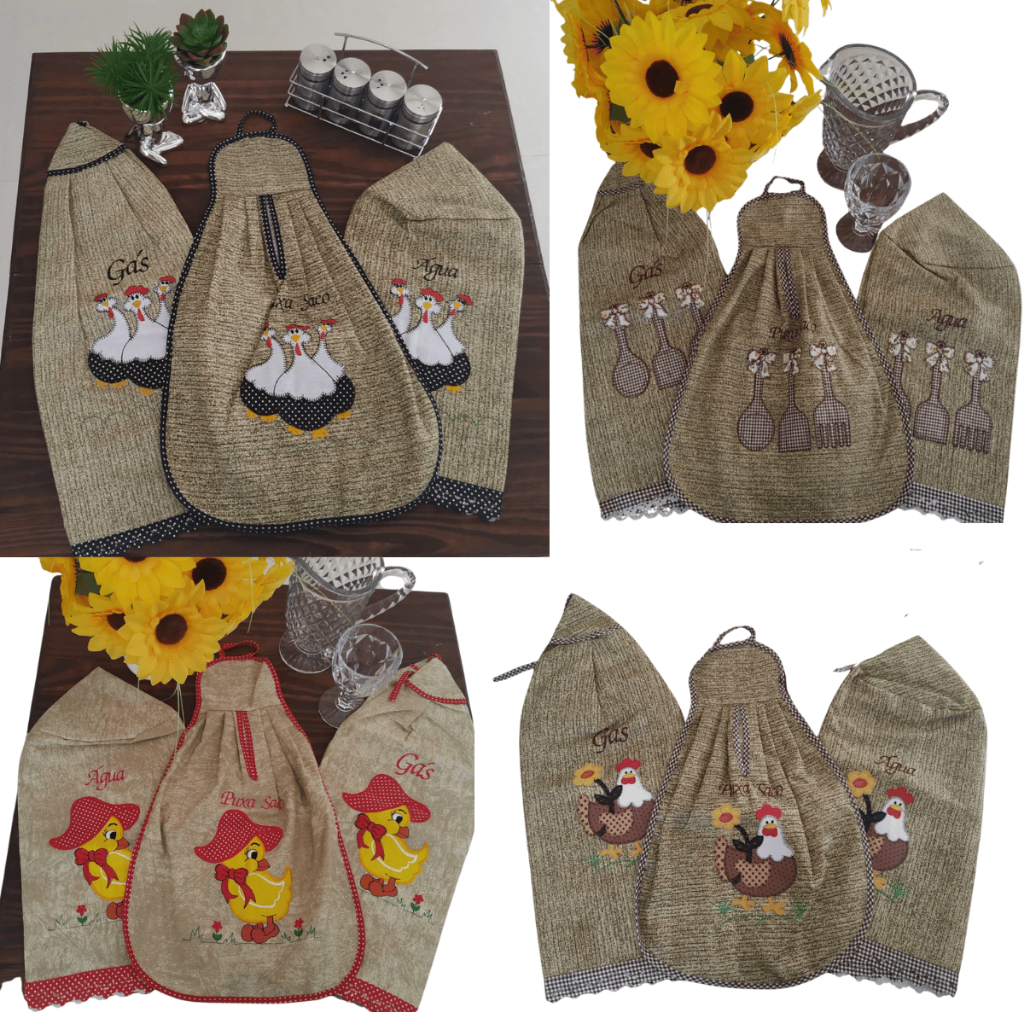 Capa para Galão de Água + Botijão de Gás +Porta Sacola Kit Cozinha Bordado PATCHWORK 3 Peças