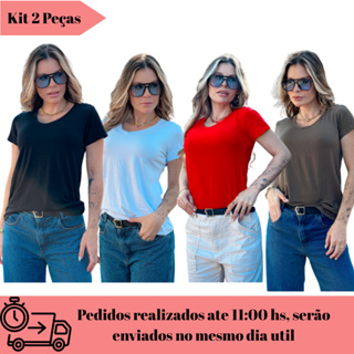 Kit 2 Blusas Feminina Manga Curta Gola V T-Shirt em Oferta na Shopee