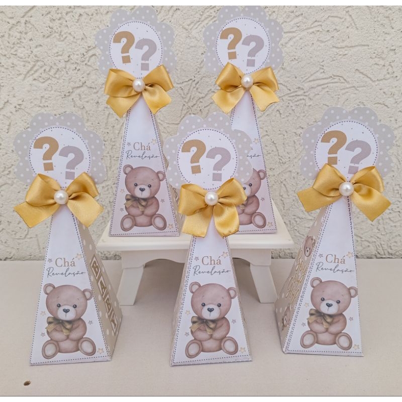 Kit Caixinhas Pirâmides Chá Revelação Bebê Ursinho Bege | Personalizado | Lembrancinha | Decoração| Caixa Pirâmide.