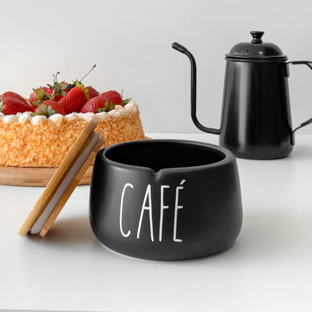 Pote para Café Hermético Para Cozinha e Cantinho do Café Porta Cerâmica Com Tampa de Bambu Madeira Preto 600ml