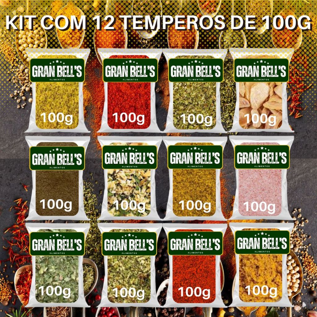 Kit com 12 Pacotes de 100g de Temperos e Condimentos mais Vendidos da GRAN BELL'S