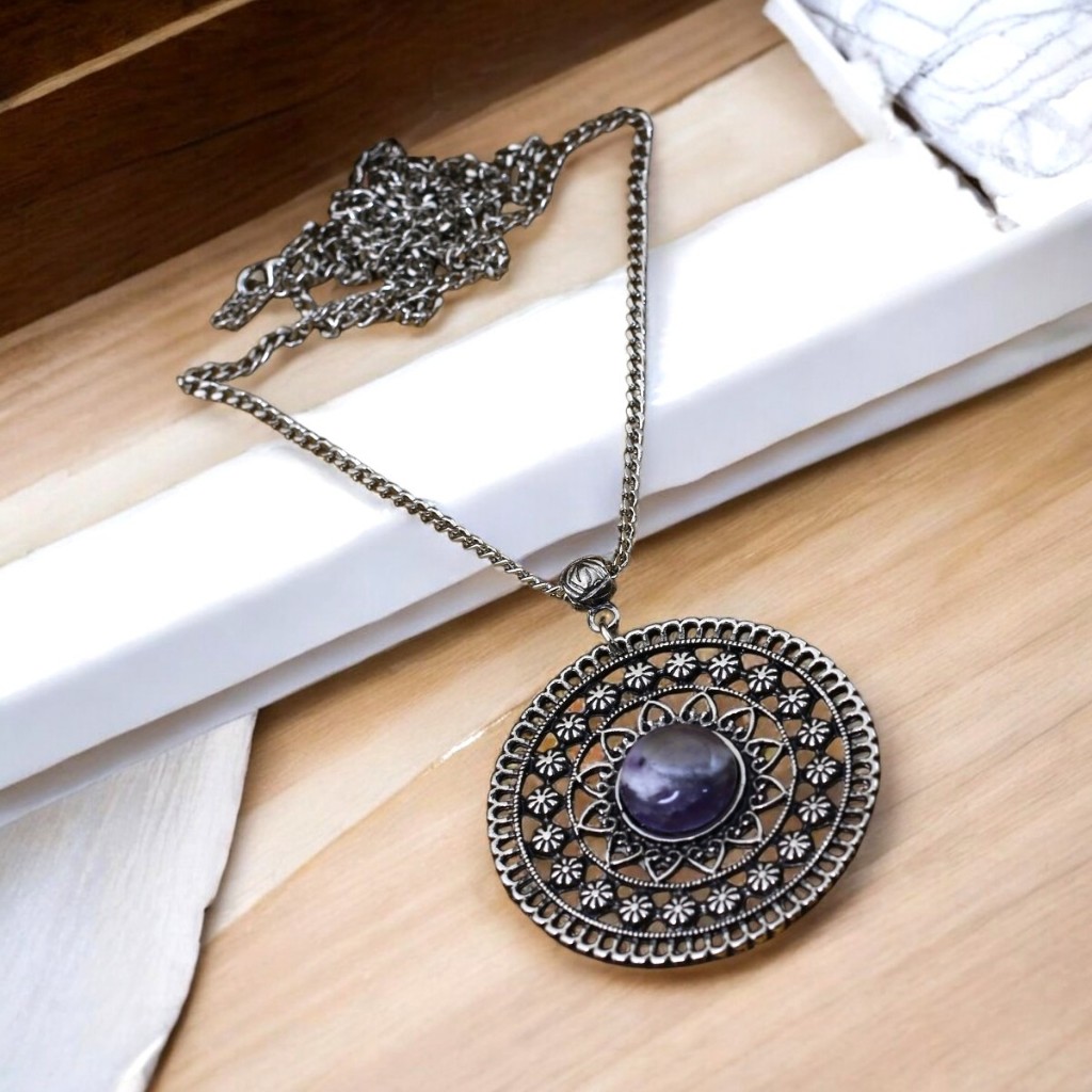 Colar mandala de pedra ametista longo prateado bijuterias acessorios femininos
