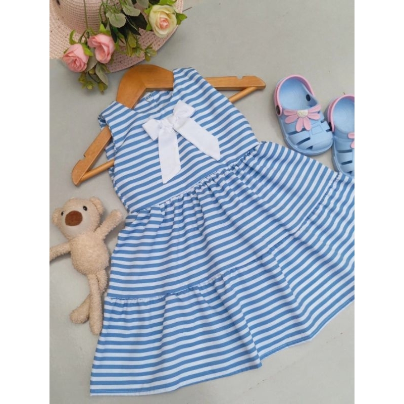 vestido infantil laço branco listrado rodado em Oferta na Shopee