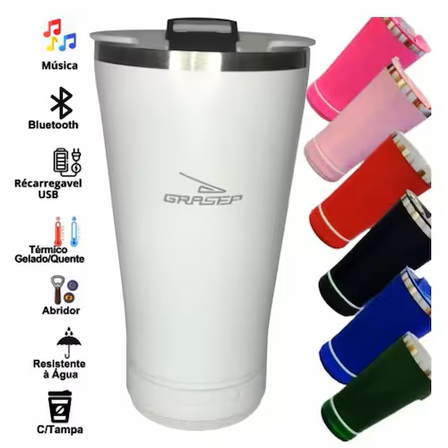 Copo térmico inox com tampa abridor e caixa de som com bluetooth Led 470ML