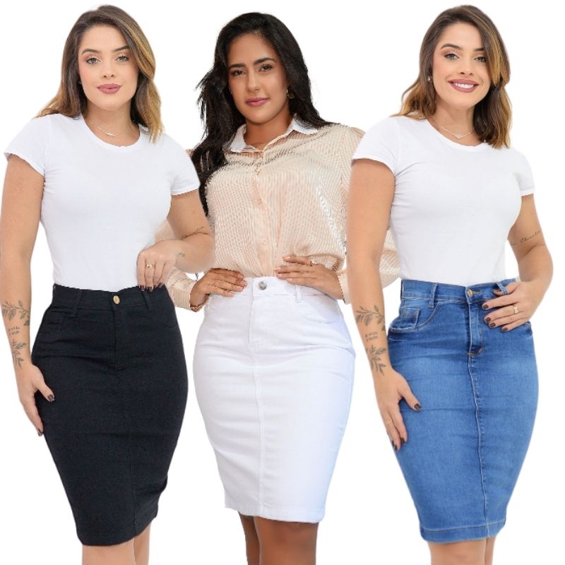 Kit 3 Saias Jeans Midi Com Elastano Cintura Alta Moda Evangélica em Oferta na Shopee