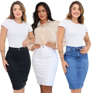 Kit 3 Saias Jeans Midi Com Elastano Cintura Alta Moda Evangélica em Oferta na Shopee