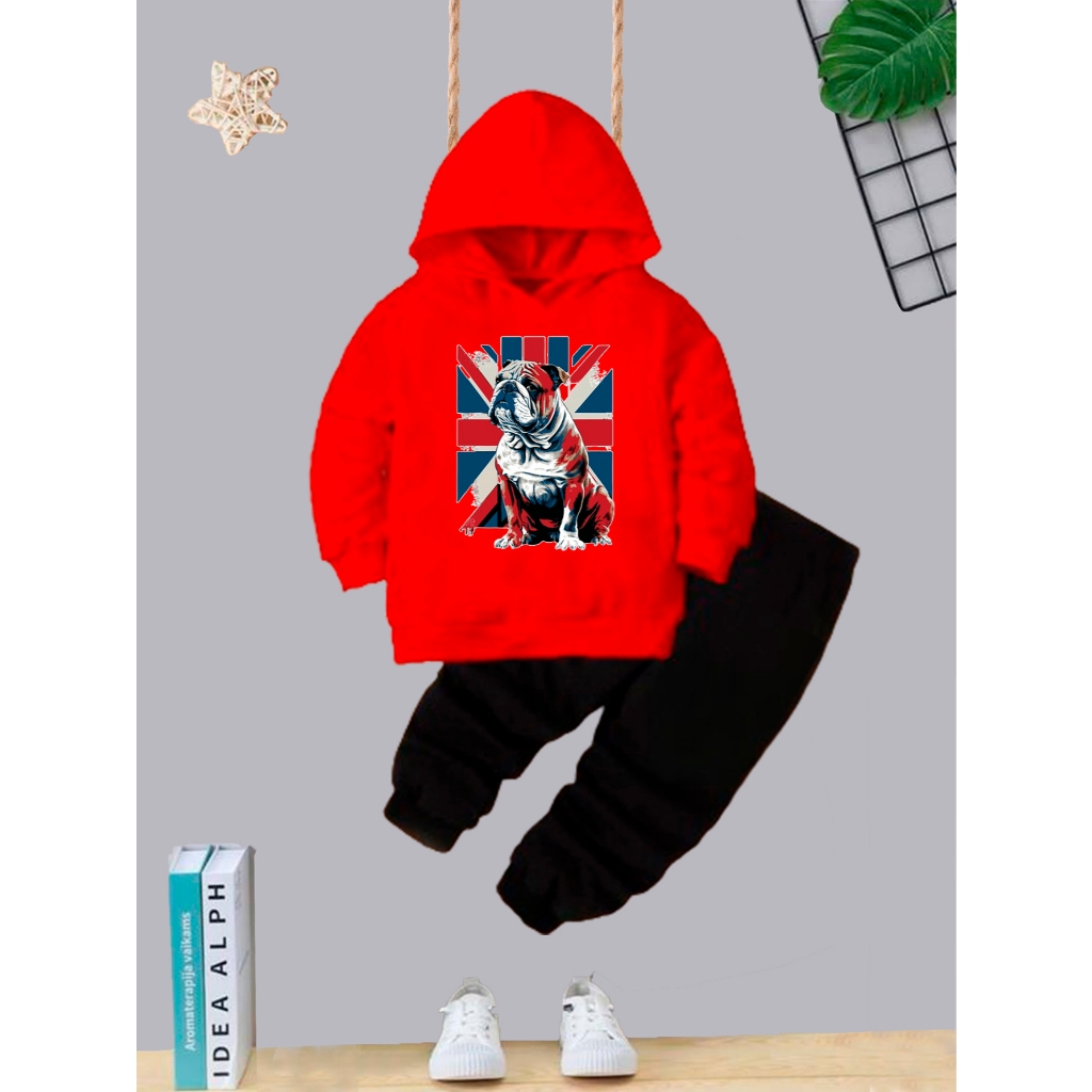 Conjunto Moletom Infantil Blusa + Calça Menino Inverno Flanelado Com Estampa Divertida Dog Inglaterra Capuz e Bolso