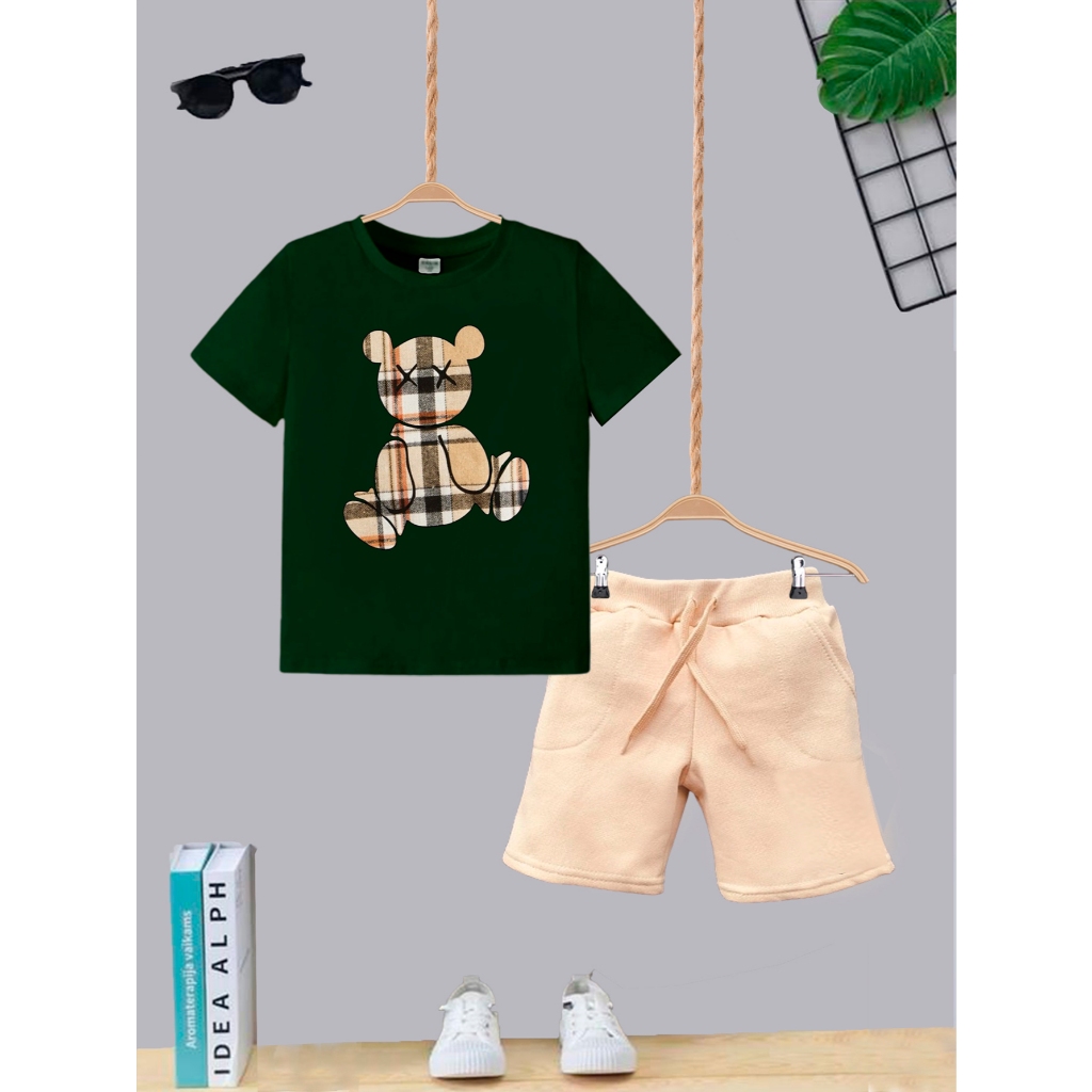 Conjunto Bermuda Bege Com Bolso + Camiseta Algodão Urso Xadrez Moda Infantil Kids Juvenil