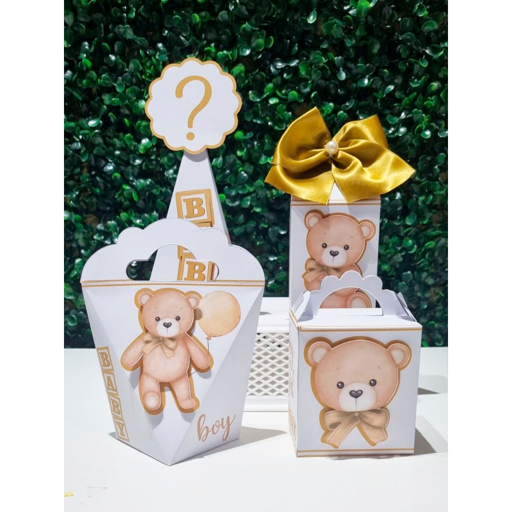 Kit Lembrancinha Personalizada - Chá de Revelação Ursinho Branco e Dourado - Pegue e Monte.
